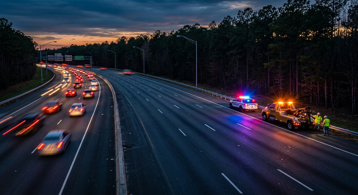 Police car and tow truck with flashing lights on a highway shoulder at dusk as traffic passes