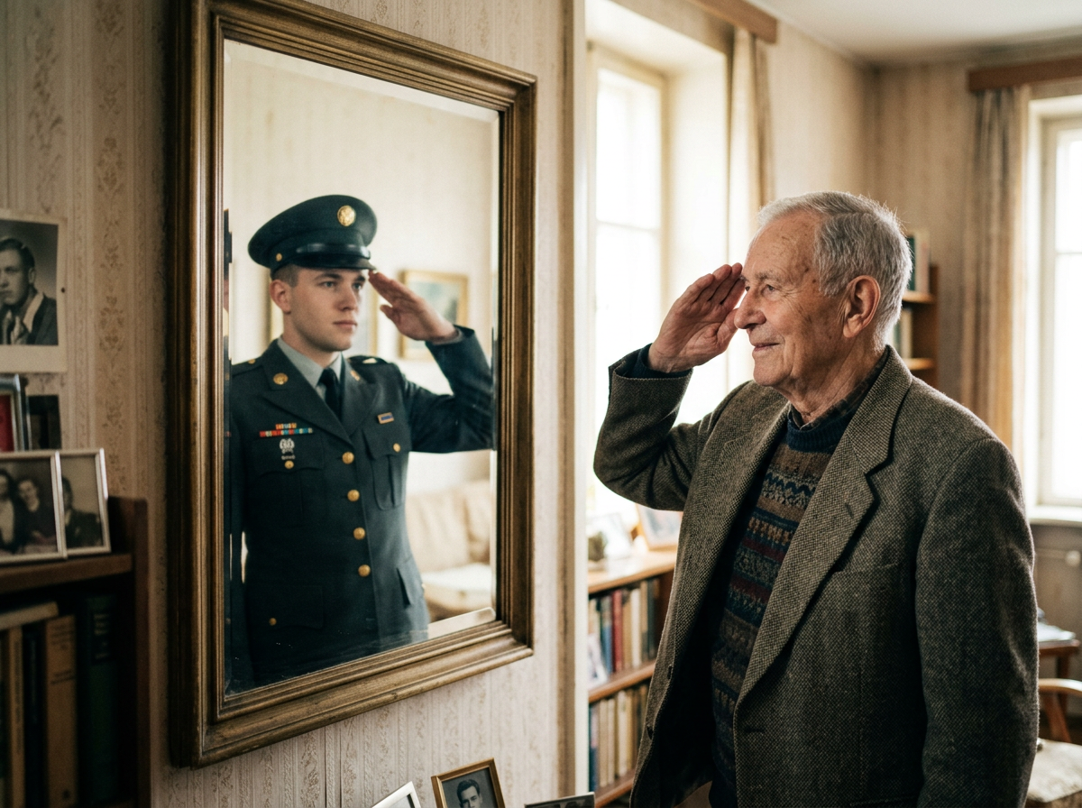 Elderly man saluting a soldier's reflection in a mirror inside a cozy room