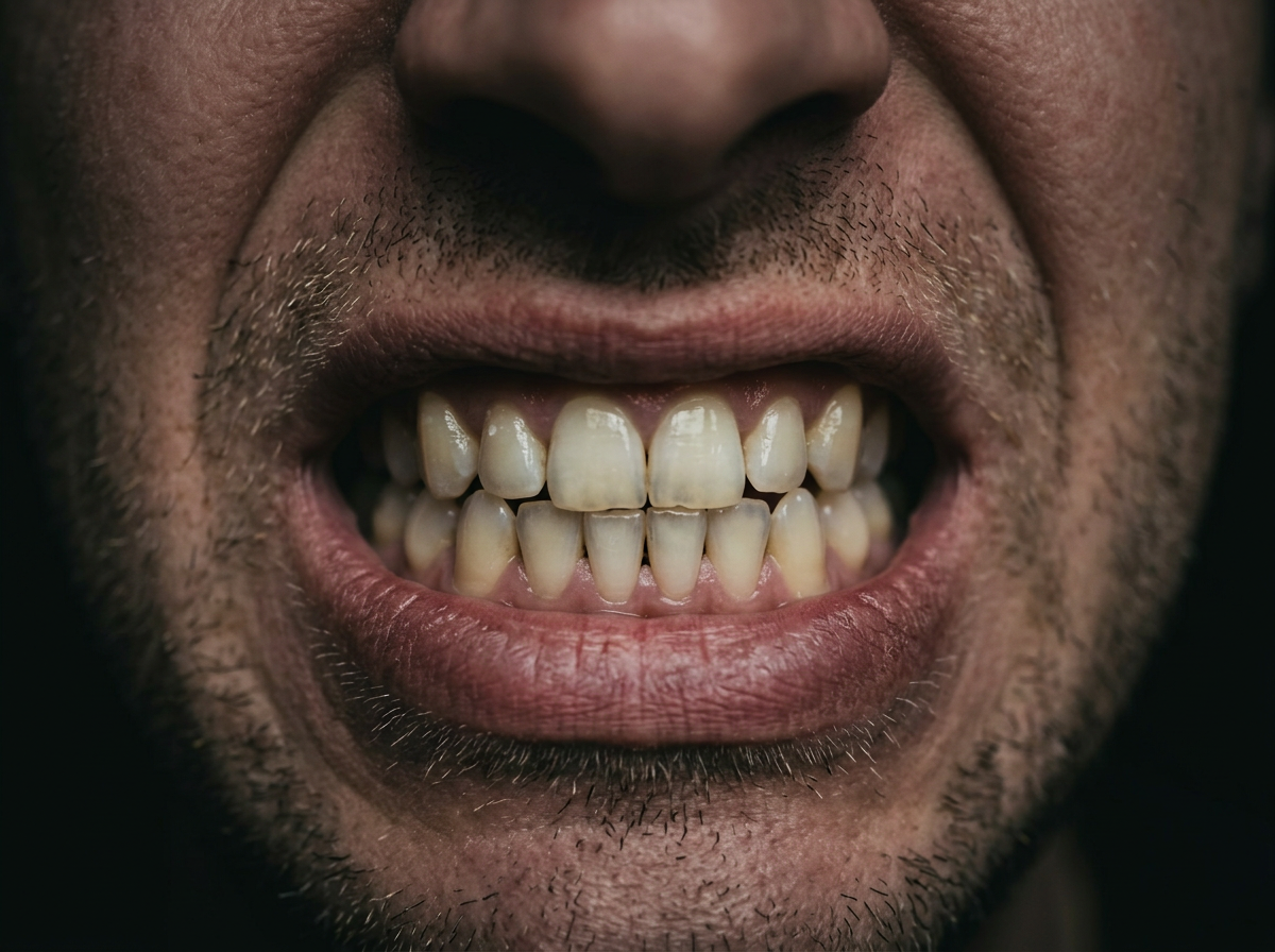 Close-up of teeth clenched tightly in a tense expression