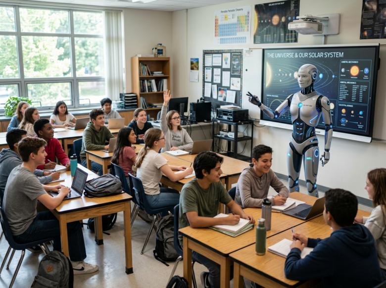 Robot instructor explaining solar system to attentive students in classroom