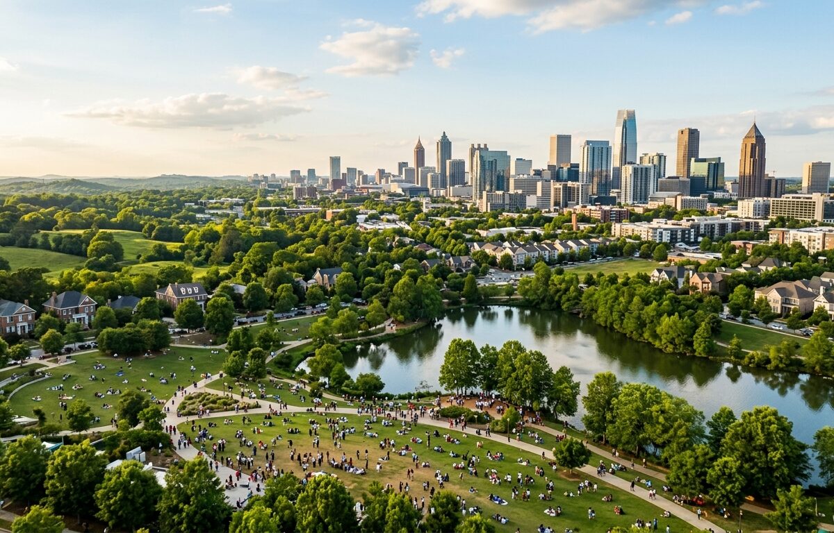A wide-angle aerial view of a vibrant, sun-drenched Georgia landscape that blends rolling green hills with a modern, diverse urban skyline in the background, symbolizing the transition from rural tradition to a multicultural future. In the foreground, a mosaic of people of various ethnicities and ages — Black, white, Hispanic, Asian, and mixed-race individuals — gather informally in a lush public park near a shimmering lake, reflecting community and coexistence. Warm golden afternoon light bathes the scene. The atmosphere is hopeful and forward-looking, editorial photography style, cinematic depth of field, rich natural colors.