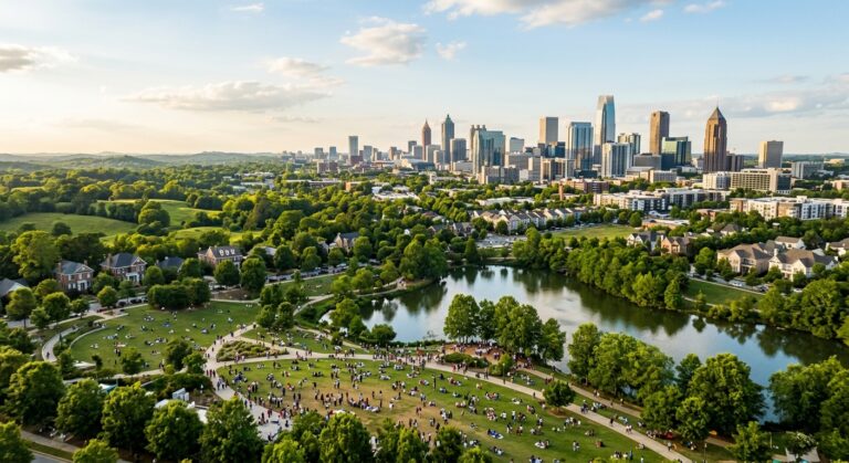 A wide-angle aerial view of a vibrant, sun-drenched Georgia landscape that blends rolling green hills with a modern, diverse urban skyline in the background, symbolizing the transition from rural tradition to a multicultural future. In the foreground, a mosaic of people of various ethnicities and ages — Black, white, Hispanic, Asian, and mixed-race individuals — gather informally in a lush public park near a shimmering lake, reflecting community and coexistence. Warm golden afternoon light bathes the scene. The atmosphere is hopeful and forward-looking, editorial photography style, cinematic depth of field, rich natural colors.