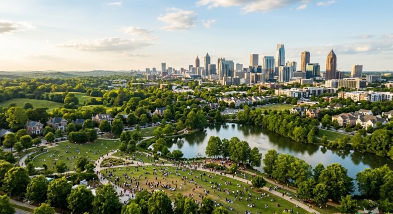 A wide-angle aerial view of a vibrant, sun-drenched Georgia landscape that blends rolling green hills with a modern, diverse urban skyline in the background, symbolizing the transition from rural tradition to a multicultural future. In the foreground, a mosaic of people of various ethnicities and ages — Black, white, Hispanic, Asian, and mixed-race individuals — gather informally in a lush public park near a shimmering lake, reflecting community and coexistence. Warm golden afternoon light bathes the scene. The atmosphere is hopeful and forward-looking, editorial photography style, cinematic depth of field, rich natural colors.