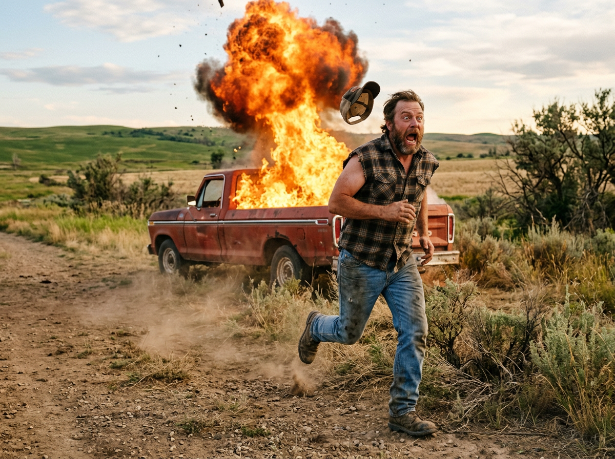 Man running away from a flaming pickup truck explosion in a grassy rural setting