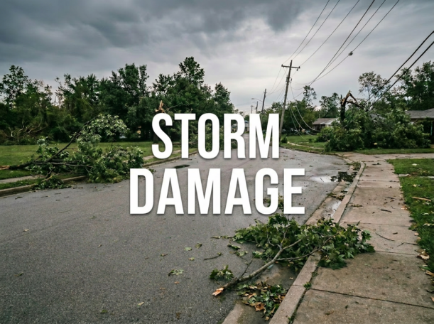 Neighborhood street with damaged houses, fallen trees, and debris after storm