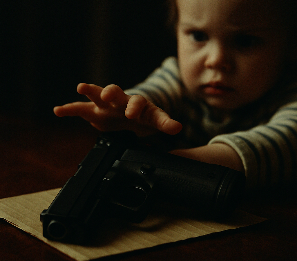 Child's hand gripping black handgun on wooden table