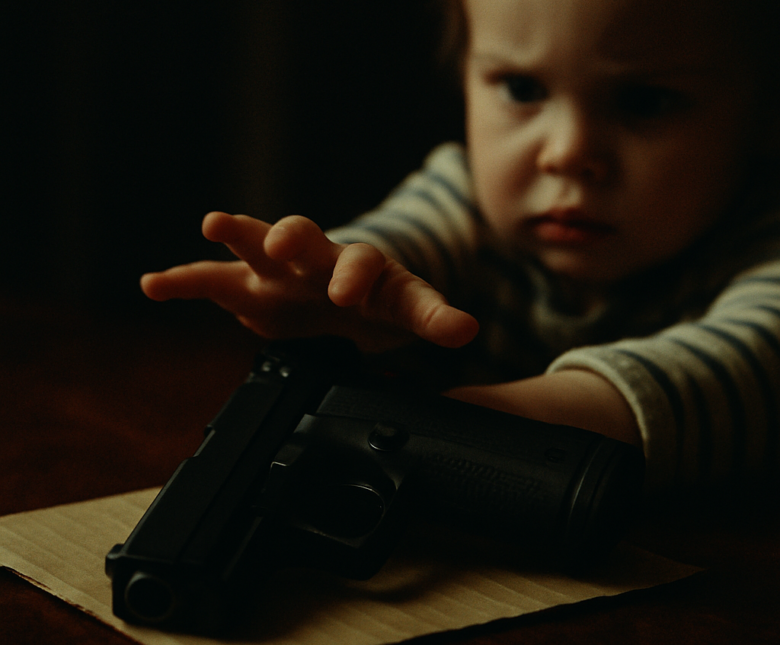 Child's hand gripping black handgun on wooden table