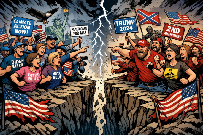 Two opposing groups of Americans shouting and pointing across a large chasm under stormy skies