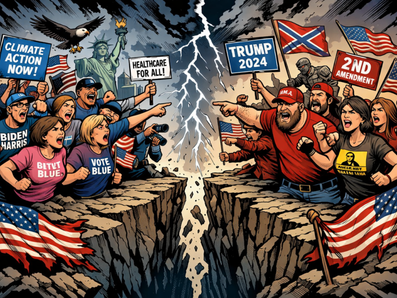 Two opposing groups of Americans shouting and pointing across a large chasm under stormy skies