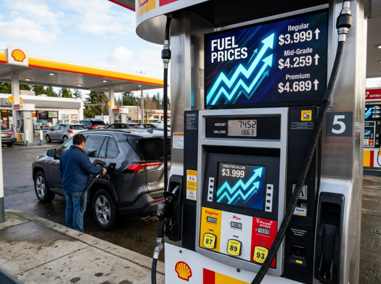 Gas pump at Shell station showing rising fuel prices with a man refueling an SUV.