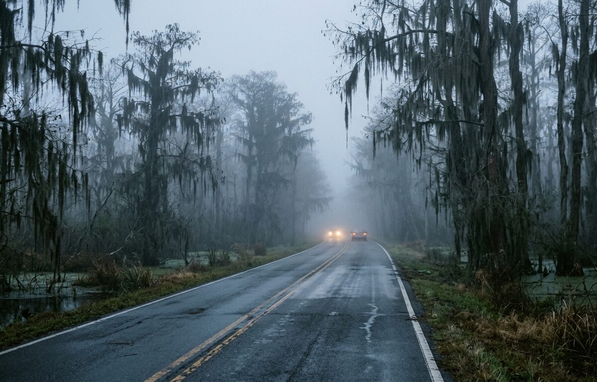 A misty, atmospheric scene of a two-lane rural highway cutting through a dense, swampy forest landscape reminiscent of the American Southeast, with thick low-lying fog blanketing the road and surrounding wetlands at early morning. The fog is so heavy that the road disappears into a white haze just a few hundred feet ahead. Spanish moss hangs from cypress trees barely visible through the murk. The light is dim and diffused, casting a pale grey-blue glow across the scene. A lone car's headlights glow faintly in the distance, barely piercing the dense fog. The mood is eerie, quiet, and cautionary. Photorealistic editorial photography style.