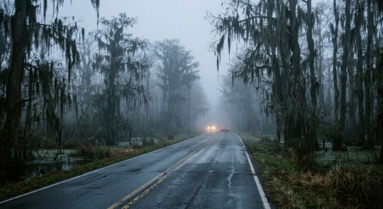 A misty, atmospheric scene of a two-lane rural highway cutting through a dense, swampy forest landscape reminiscent of the American Southeast, with thick low-lying fog blanketing the road and surrounding wetlands at early morning. The fog is so heavy that the road disappears into a white haze just a few hundred feet ahead. Spanish moss hangs from cypress trees barely visible through the murk. The light is dim and diffused, casting a pale grey-blue glow across the scene. A lone car's headlights glow faintly in the distance, barely piercing the dense fog. The mood is eerie, quiet, and cautionary. Photorealistic editorial photography style.