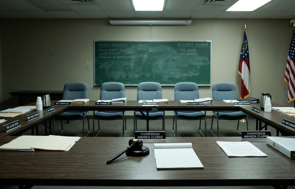 A stern, authoritative scene depicting an empty school board meeting room with seven vacant chairs arranged behind a long institutional table, nameplates left untouched, fluorescent lighting casting a cold glow over scattered papers and binders. In the background, a blurred chalkboard and Georgia state flag suggest a Southern public school setting. The atmosphere conveys institutional failure and governmental intervention, with an abandoned gavel resting on the table. Photorealistic editorial style, muted tones of gray and blue, wide-angle perspective emphasizing the emptiness of the abandoned seats.