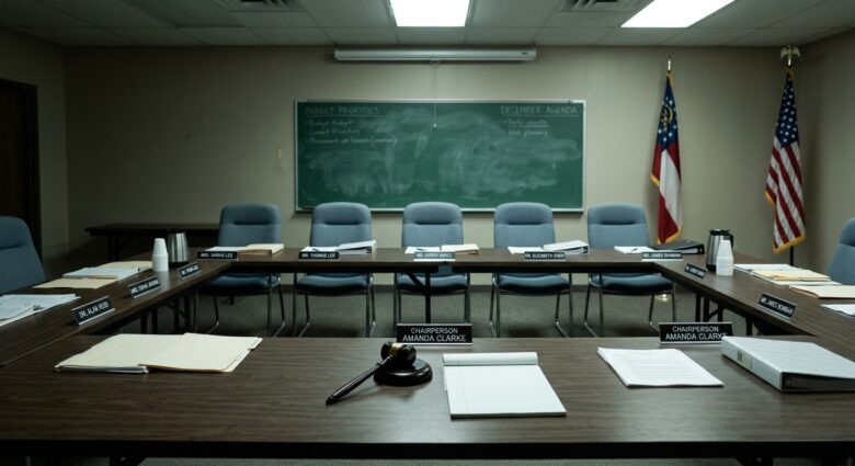 A stern, authoritative scene depicting an empty school board meeting room with seven vacant chairs arranged behind a long institutional table, nameplates left untouched, fluorescent lighting casting a cold glow over scattered papers and binders. In the background, a blurred chalkboard and Georgia state flag suggest a Southern public school setting. The atmosphere conveys institutional failure and governmental intervention, with an abandoned gavel resting on the table. Photorealistic editorial style, muted tones of gray and blue, wide-angle perspective emphasizing the emptiness of the abandoned seats.