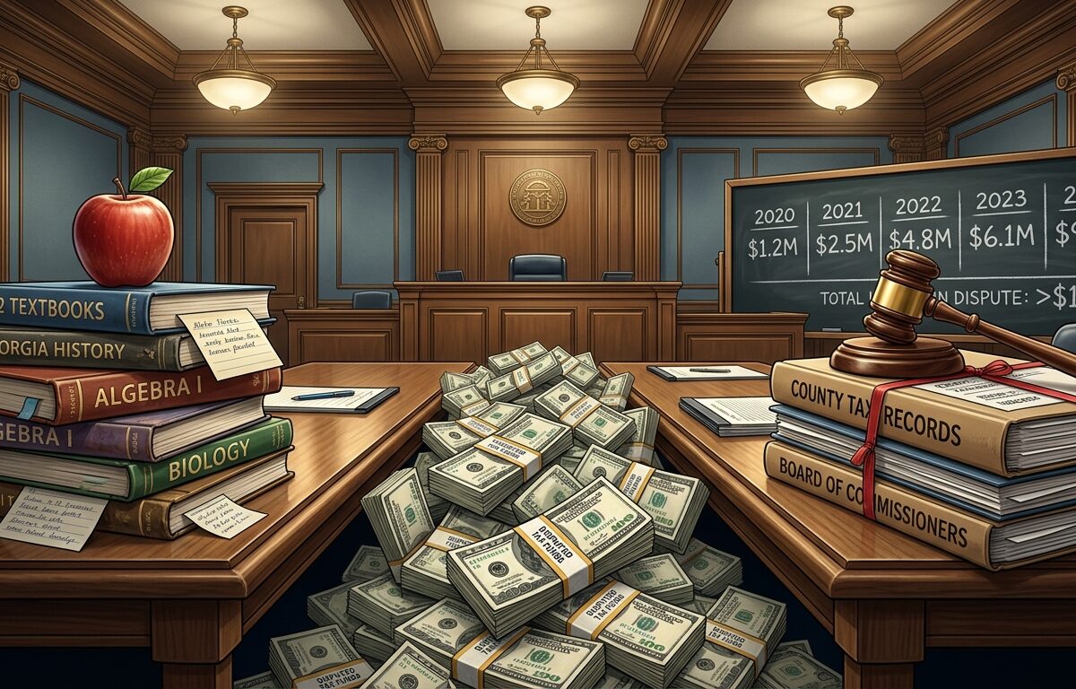 A tense courthouse scene depicting a legal dispute between a school district and county government, with two opposing sides represented symbolically: a stack of school textbooks and a teacher's apple on one side, and official county government documents and a gavel on the other, separated by a large pile of money representing over $130 million in disputed school tax funds. The setting is a formal wood-paneled courtroom interior with Georgia state architectural details, dramatic overhead lighting casting sharp shadows across the divided scene. A blackboard in the background shows growing fee numbers year by year. The mood is serious and institutional, rendered in a photorealistic editorial illustration style with muted blues, browns, and gold tones conveying governmental authority and financial conflict.