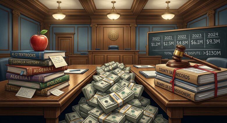 A tense courthouse scene depicting a legal dispute between a school district and county government, with two opposing sides represented symbolically: a stack of school textbooks and a teacher's apple on one side, and official county government documents and a gavel on the other, separated by a large pile of money representing over $130 million in disputed school tax funds. The setting is a formal wood-paneled courtroom interior with Georgia state architectural details, dramatic overhead lighting casting sharp shadows across the divided scene. A blackboard in the background shows growing fee numbers year by year. The mood is serious and institutional, rendered in a photorealistic editorial illustration style with muted blues, browns, and gold tones conveying governmental authority and financial conflict.