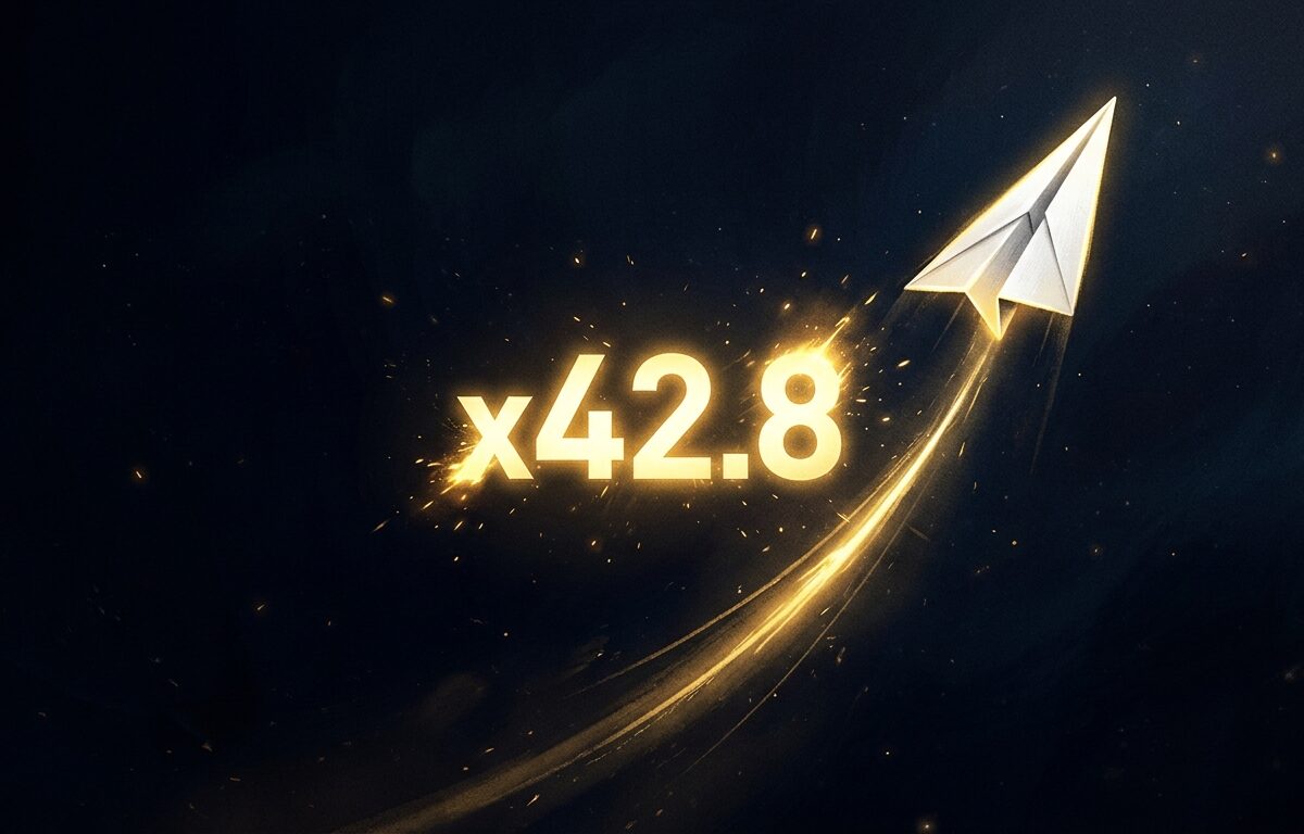A tense, dramatic close-up digital illustration of a small white paper airplane ascending steeply against a deep dark blue background, leaving a glowing trail behind it. A large luminous multiplier number floats beside the plane, radiating golden light, growing visibly larger as the plane climbs higher. The atmosphere is charged with psychological tension — the plane is near the top of the frame, suggesting it could disappear at any moment. The color palette is dark navy and black with sharp contrasts of gold and white light, creating a suspenseful, high-stakes mood. Minimalist editorial style, cinematic lighting, no text, no UI elements, no clutter — just the plane, the climb, and the implied moment of decision.