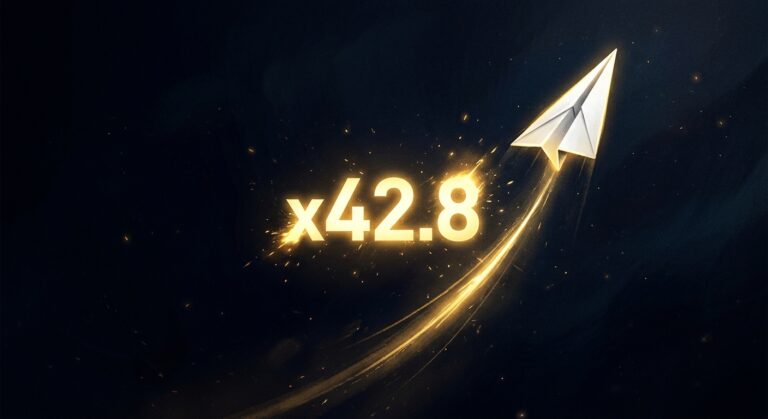 A tense, dramatic close-up digital illustration of a small white paper airplane ascending steeply against a deep dark blue background, leaving a glowing trail behind it. A large luminous multiplier number floats beside the plane, radiating golden light, growing visibly larger as the plane climbs higher. The atmosphere is charged with psychological tension — the plane is near the top of the frame, suggesting it could disappear at any moment. The color palette is dark navy and black with sharp contrasts of gold and white light, creating a suspenseful, high-stakes mood. Minimalist editorial style, cinematic lighting, no text, no UI elements, no clutter — just the plane, the climb, and the implied moment of decision.