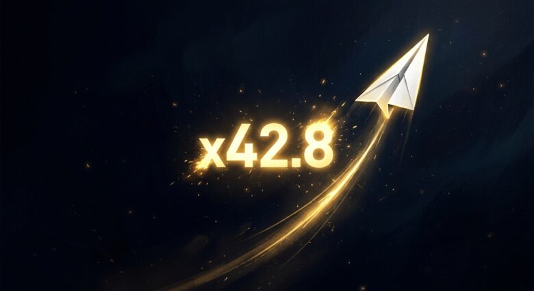 A tense, dramatic close-up digital illustration of a small white paper airplane ascending steeply against a deep dark blue background, leaving a glowing trail behind it. A large luminous multiplier number floats beside the plane, radiating golden light, growing visibly larger as the plane climbs higher. The atmosphere is charged with psychological tension — the plane is near the top of the frame, suggesting it could disappear at any moment. The color palette is dark navy and black with sharp contrasts of gold and white light, creating a suspenseful, high-stakes mood. Minimalist editorial style, cinematic lighting, no text, no UI elements, no clutter — just the plane, the climb, and the implied moment of decision.