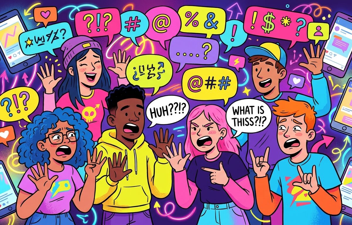 A vibrant, playful editorial illustration showing a diverse group of teenagers and young adults with exaggerated expressions, animatedly gesturing and shouting, some holding up seven fingers and making hand signs, surrounded by floating speech bubbles filled with abstract symbols and question marks instead of readable text. Bright neon color palette with pinks, blues, and yellows, modern flat-design style with a slightly chaotic, meme-inspired energy. Background includes subtle smartphone and social media icons, glowing screens, and swirling internet-culture motifs suggesting confusion and humor around internet slang. The overall tone is lighthearted, energetic, and slightly satirical, capturing the absurdity of viral internet language trends.