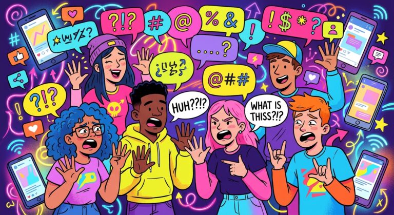 A vibrant, playful editorial illustration showing a diverse group of teenagers and young adults with exaggerated expressions, animatedly gesturing and shouting, some holding up seven fingers and making hand signs, surrounded by floating speech bubbles filled with abstract symbols and question marks instead of readable text. Bright neon color palette with pinks, blues, and yellows, modern flat-design style with a slightly chaotic, meme-inspired energy. Background includes subtle smartphone and social media icons, glowing screens, and swirling internet-culture motifs suggesting confusion and humor around internet slang. The overall tone is lighthearted, energetic, and slightly satirical, capturing the absurdity of viral internet language trends.