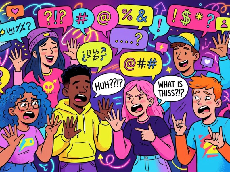 A vibrant, playful editorial illustration showing a diverse group of teenagers and young adults with exaggerated expressions, animatedly gesturing and shouting, some holding up seven fingers and making hand signs, surrounded by floating speech bubbles filled with abstract symbols and question marks instead of readable text. Bright neon color palette with pinks, blues, and yellows, modern flat-design style with a slightly chaotic, meme-inspired energy. Background includes subtle smartphone and social media icons, glowing screens, and swirling internet-culture motifs suggesting confusion and humor around internet slang. The overall tone is lighthearted, energetic, and slightly satirical, capturing the absurdity of viral internet language trends.