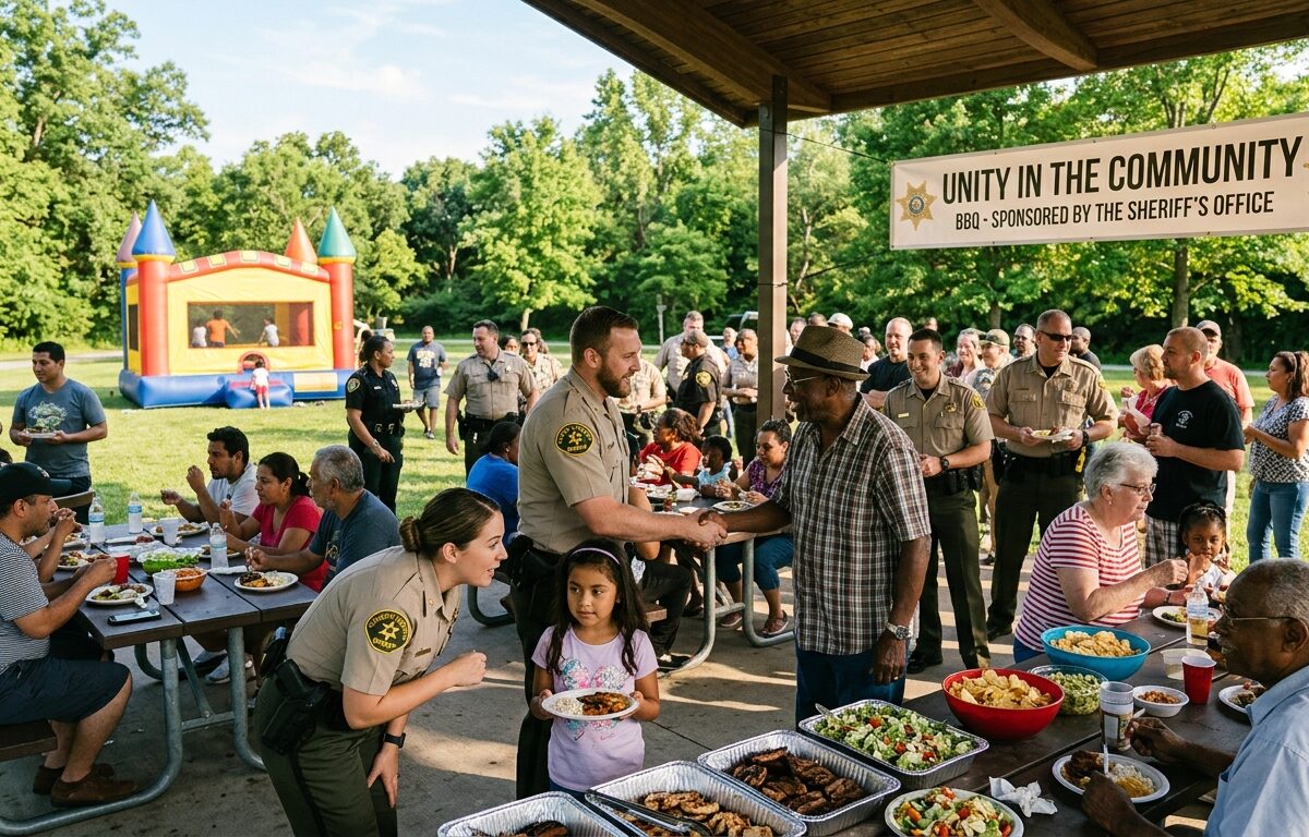A warm, community-focused outdoor BBQ event at a sunny park pavilion, with friendly uniformed sheriff's deputies and staff mingling with diverse families including children and elderly residents. Picnic tables filled with food and drinks, colorful bounce houses in the background where kids are playing, lush green trees surrounding the pavilion area, bright afternoon sunlight, an atmosphere of joy, unity, and trust between law enforcement and the community, photorealistic editorial style.