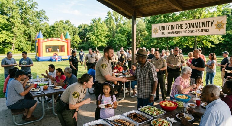 A warm, community-focused outdoor BBQ event at a sunny park pavilion, with friendly uniformed sheriff's deputies and staff mingling with diverse families including children and elderly residents. Picnic tables filled with food and drinks, colorful bounce houses in the background where kids are playing, lush green trees surrounding the pavilion area, bright afternoon sunlight, an atmosphere of joy, unity, and trust between law enforcement and the community, photorealistic editorial style.