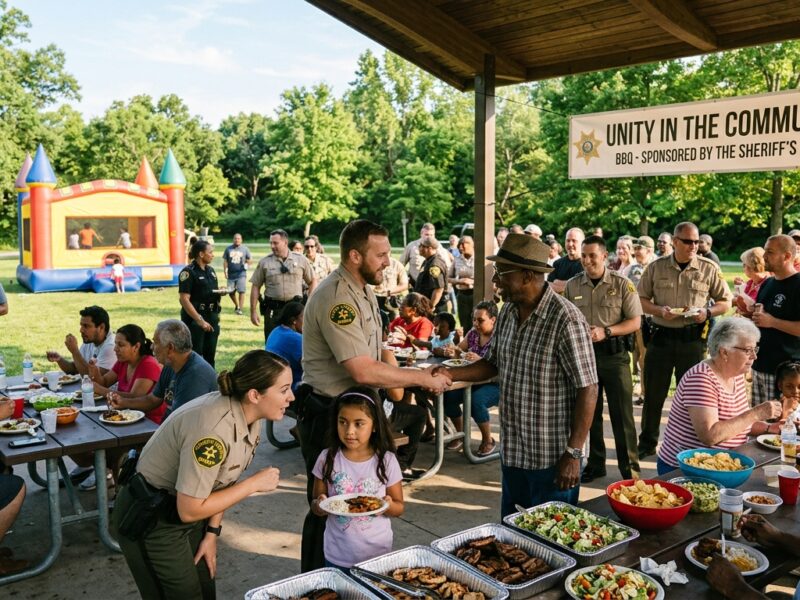 A warm, community-focused outdoor BBQ event at a sunny park pavilion, with friendly uniformed sheriff's deputies and staff mingling with diverse families including children and elderly residents. Picnic tables filled with food and drinks, colorful bounce houses in the background where kids are playing, lush green trees surrounding the pavilion area, bright afternoon sunlight, an atmosphere of joy, unity, and trust between law enforcement and the community, photorealistic editorial style.