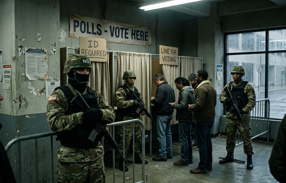 dystopian photo quality image of national guardsmen at the polls while people