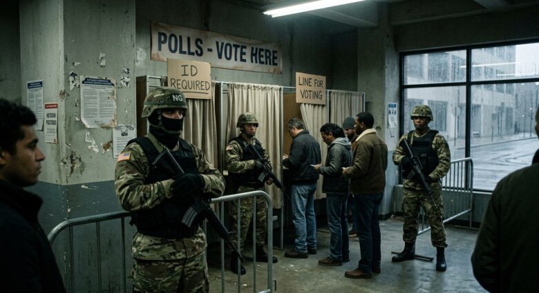 dystopian photo quality image of national guardsmen at the polls while people