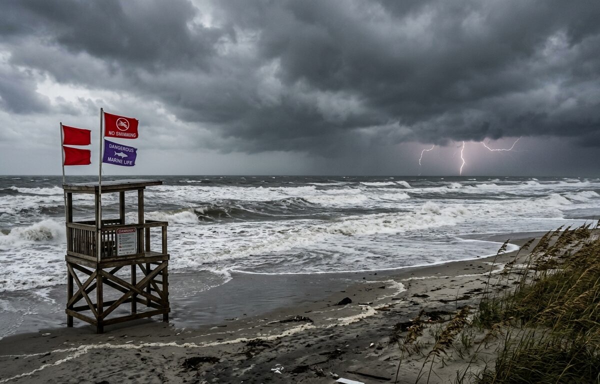 a dramatic coastal scene at tybee island under a stormy sky, dark ominous