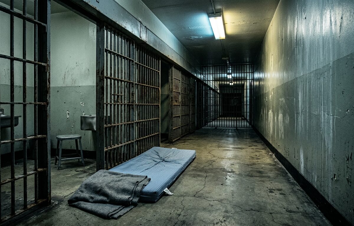 a somber, editorial style photograph of a dim, empty jail cell corridor, shot
