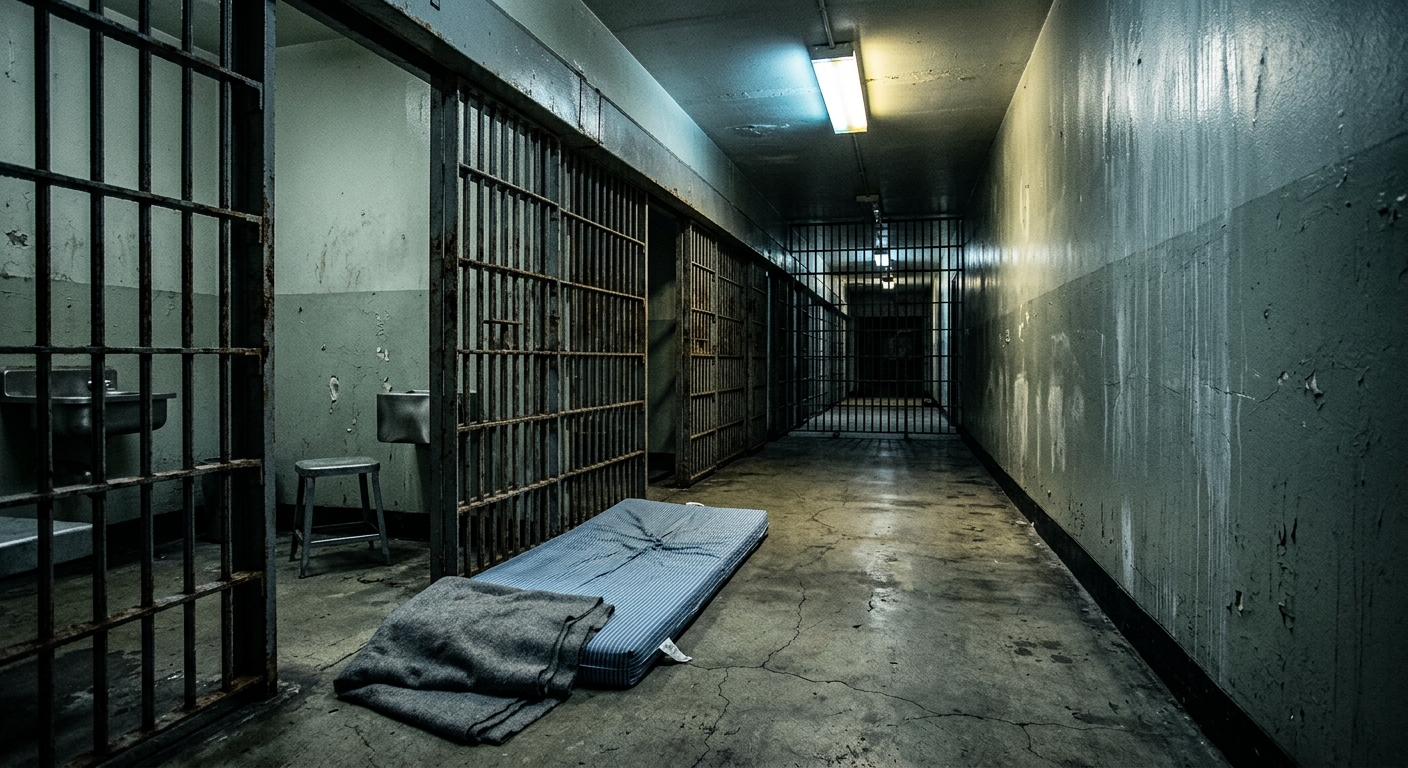 a somber, editorial style photograph of a dim, empty jail cell corridor, shot