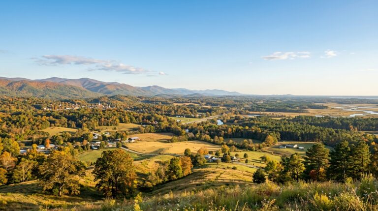 a warm, sunlit landscape capturing early autumn across georgia: a