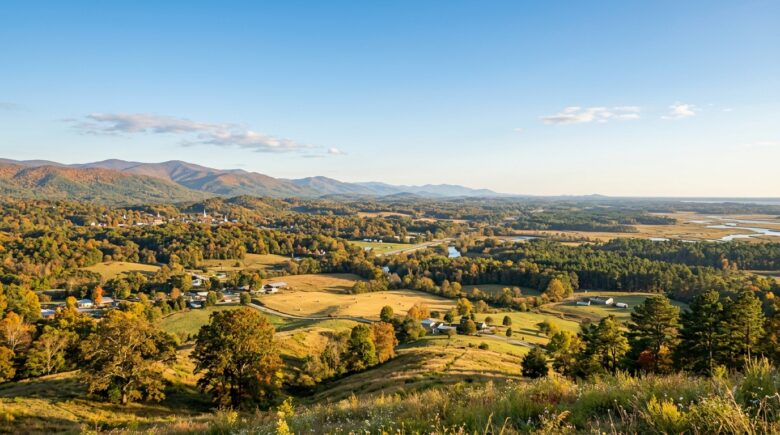 a warm, sunlit landscape capturing early autumn across georgia: a