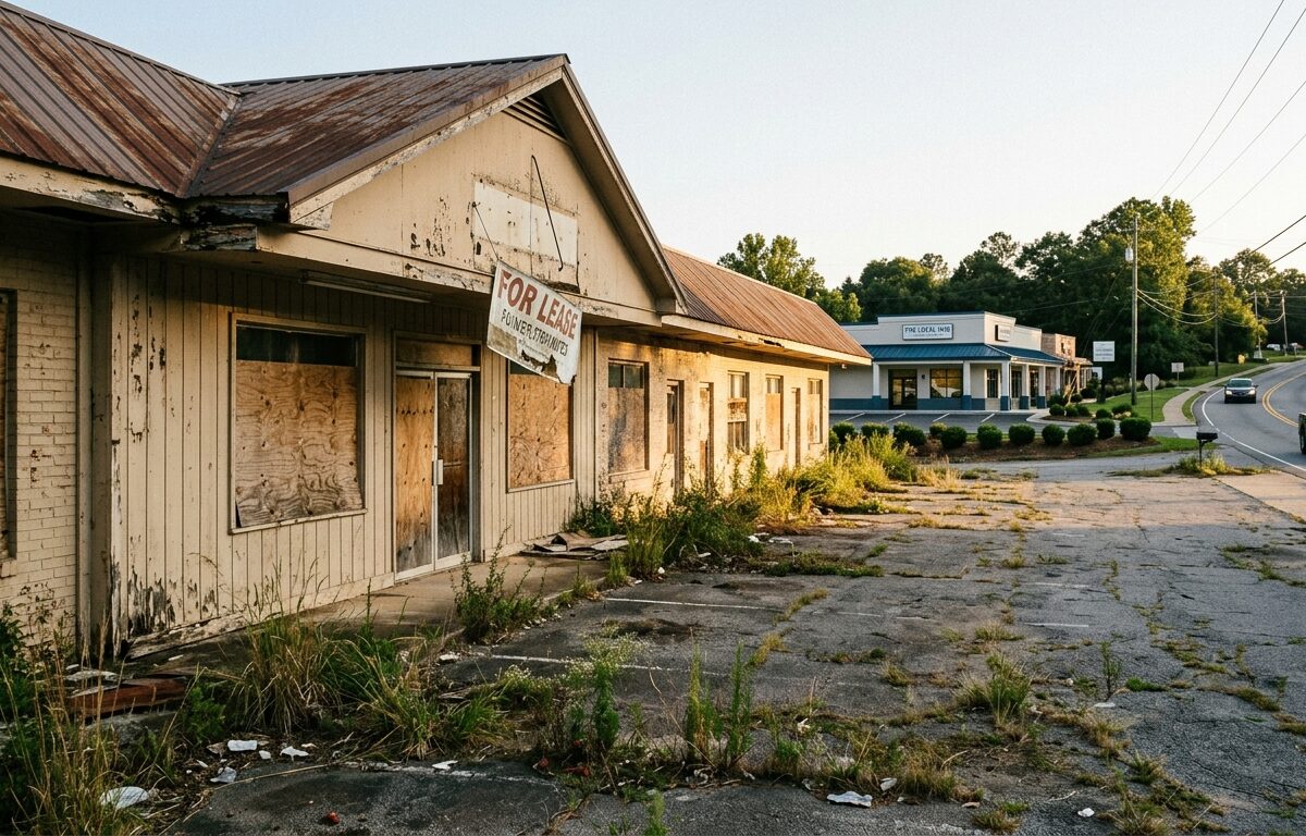 a weathered, abandoned strip mall or old motel on the edge of a suburban