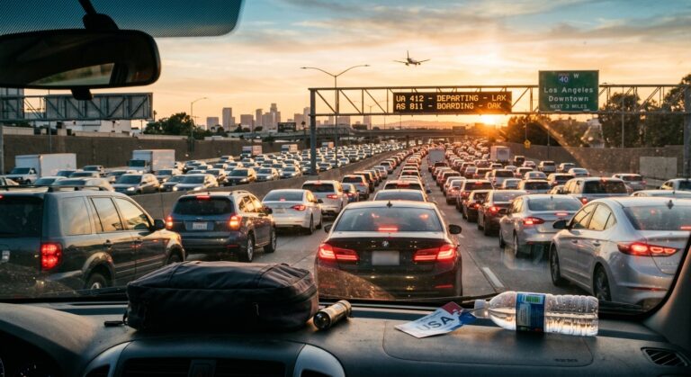 PAIN AT THE PUMP: Labor Day trips will drain wallets a wide angle editorial photograph of a busy american highway during golden hour