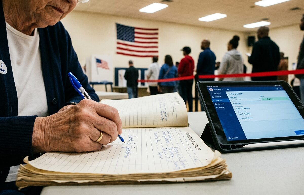 a documentary style editorial photograph inside a georgia polling place on