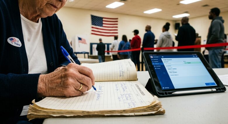 a documentary style editorial photograph inside a georgia polling place on