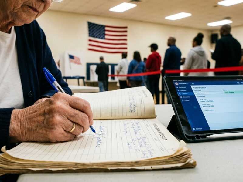 a documentary style editorial photograph inside a georgia polling place on