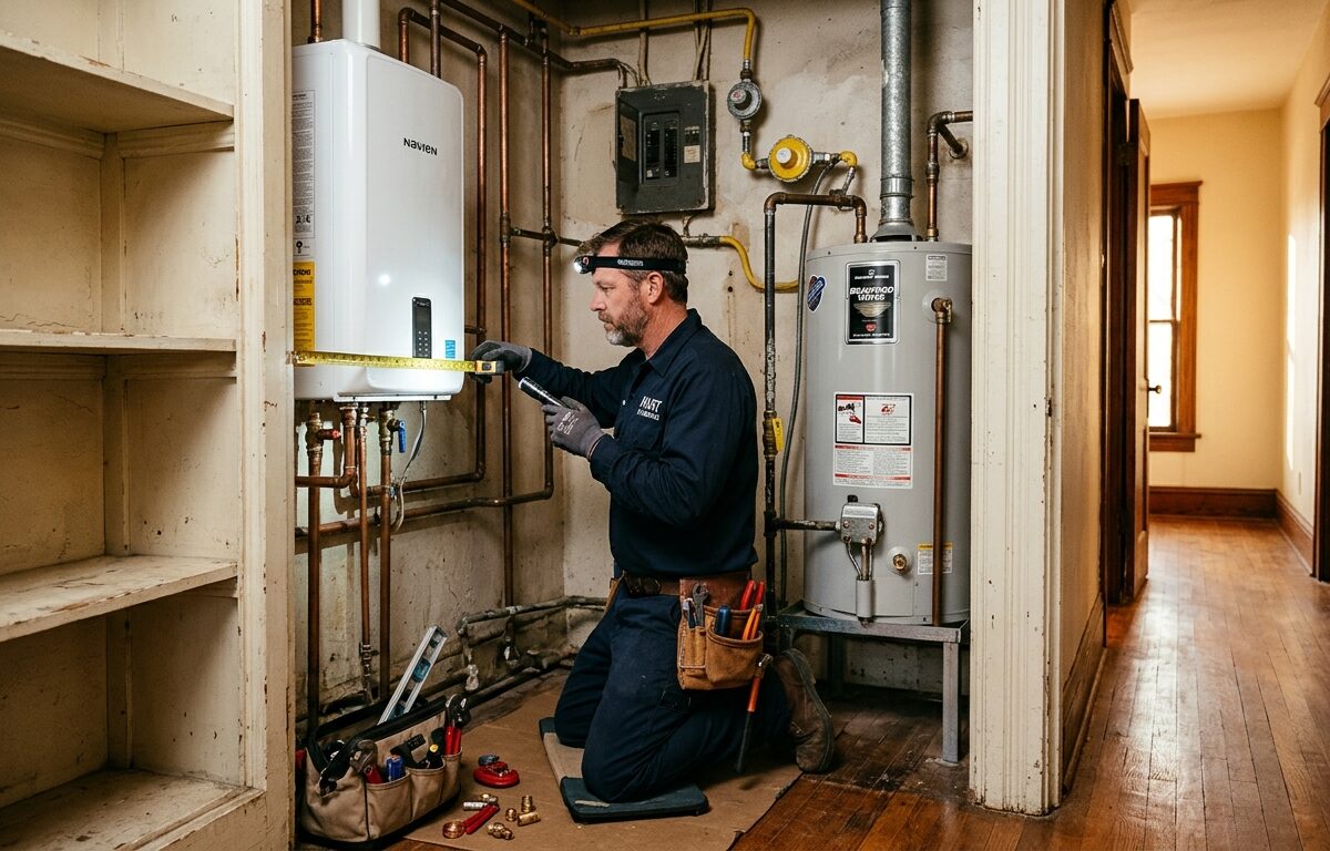 a professional plumber kneeling inside a tight utility closet of a charming