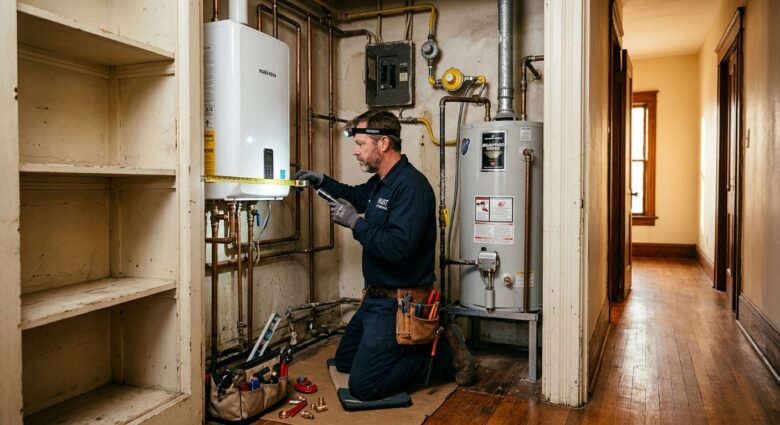 a professional plumber kneeling inside a tight utility closet of a charming