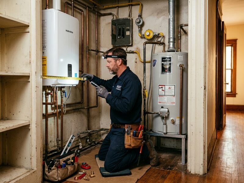 a professional plumber kneeling inside a tight utility closet of a charming