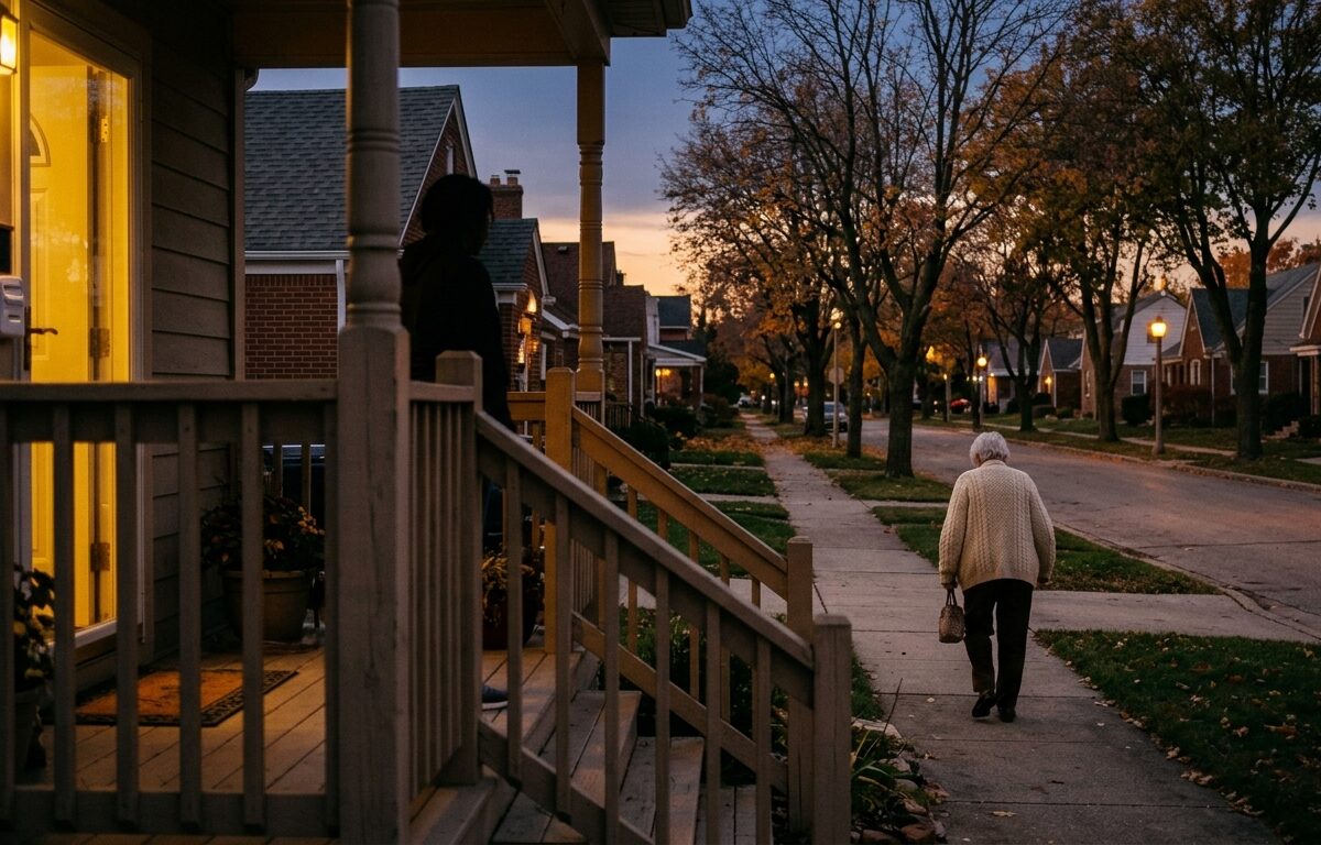a warm, realistic editorial photograph showing a quiet suburban neighborhood