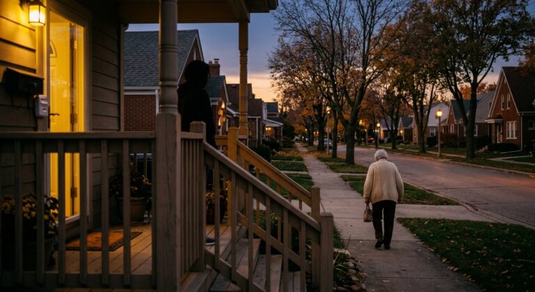 a warm, realistic editorial photograph showing a quiet suburban neighborhood